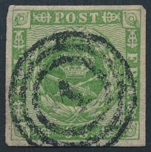 1858. 8 sk. grøn. Et flot bredrandet mærke med velplaceret nr.stempel 1. AFA 1400