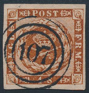 1858. 4 sk. Bredrandet PRAGT-mærke med flot, skarpt nr.stempel 107 Skjernbro.