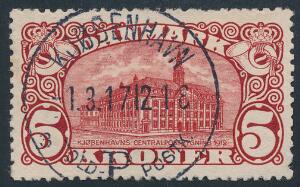 1912. 5 kr. Posthus, brunrød. Vm.III. PRAGT-mærke med perfekt centrering og perfekt skarpt og retvendt stempel KJØBENHAVN TOLD POST 1.3.17.