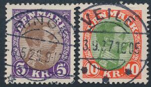 1927. Chr. X, 5 kr. violetbrun og 10 kr. rødgrøn. PRAGT-stemplet sæt.