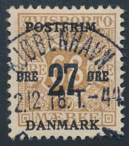 1918. 2768 øre, brun. Retvendt PRAGT-stempel KJØBENHAVN 2.12.18