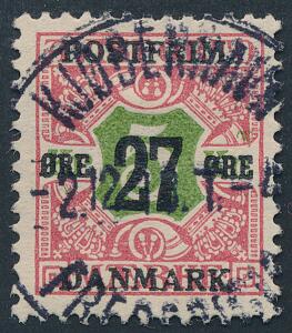 1918. 27 øre5 kr. rødgrøn. Retvendt PRAGT-stempel KJØBENHAVN 2.12.18.