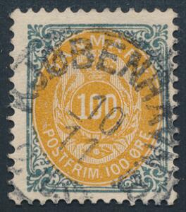 1902. 100 øre, grågul, vm.III. Omvendt ramme. Flot stemplet mærke. AFA 2200