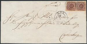 1852. 4 RBS Thiele I. Lodret parstykke på brev af 2.vægtklasse fra Altona 13.8.1852 til København