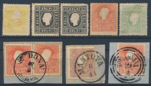 Østrig. Lombardiet  Venetien. 1858. Franz Josef. 5 gode ubrugte mærke i lidt blandet kvalitet samt 3 brevklip.
