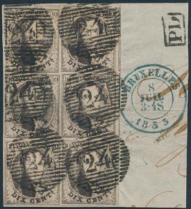 Belgien. 1851. Leopold. 10 c. brun. 6-BLOK på smukt lille brevklip. Sjælden enhed.