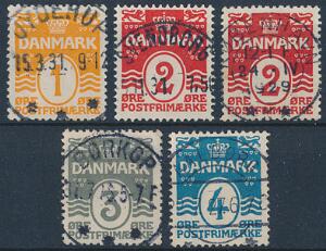 1913-1927. Bølgelinie. 1-4 øre.  PRAGT-stemplet sæt incl. både Type I og II af 2 øre, rød.