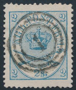 1864. 2 sk. blå. PRAGT-mærke med perfekt centrering og velplaceret nr.stempel 1.