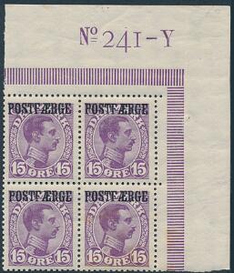 1919. Chr.X, 15 øre, violet. Postfrisk fireblok med øvre hjørnemarginal 241-Y