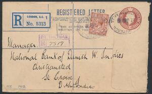 1915. Anbefalet brev fra England til St.Croix, Dansk Vestindien, med både engelsk R-vignet samt R-stempel fra ST. THOMAS.