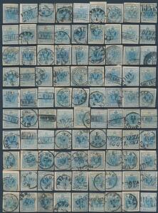 Østrig. Lombardiet  Venetien. 1850. Våben. 45 c. blå. Dobbelt-planche med 101 mærker i pæn stemplet kvalitet. AFA 16160
