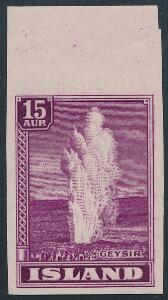 1938. Geysir. 15 aur, lilla. UTAKKET. Postfrisk eksemplar af et meget sjældent mærke. Oplag kun 100 stk. Facit 7000. Attest Grønlund.
