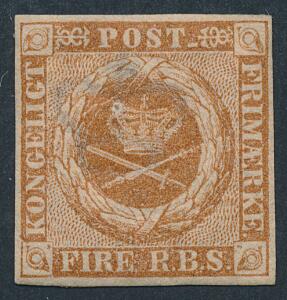 1854. 4 RBS Thiele III, gulbrun. Plade III, nr. 72. Ubrugt med originalgummi. Sjældent mærke i smuk kvalitet. Attest Møller