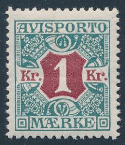 1914. 1 kr. blågrønrød. Vm.IV. Tk.14. Flot postfrisk mærke. AFA 4600. Attest Nielsen.