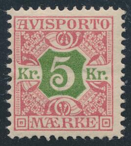 1907. 5 kr. rødgrøn. Postfrisk. AFA 5000. Udtalelse Nielsen.