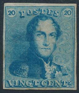 Belgien. 1849. Leopold. 20 c. mælkeblå. Sjældent ubrugt mærke. Mærket med svag medfødt lodret fold i papiret, i midten øverst. Michel EURO 3500