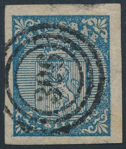 1855. 4 skilling, blå. Smukt, bredrandet mærke med nr.stempel.