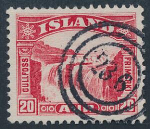 1931. Gullfoss. 20 aur, rød. Annulleret med dansk nr.stempel 236 Reykjavik.