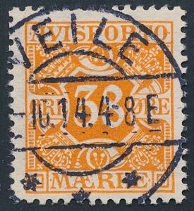 1914. 38 øre, orange. Vm.IV. PRAGT-mærke med retvendt stempel VEJLE-10.14. Et sjældent mærke i denne kvalitet. AFA 1200