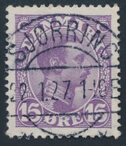 1913. Chr, X, 15 øre, lilla. LUXUS-stempel SJØRRING 22.1.27.