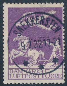 1925. Gl. luftpost, 15 øre, lilla. Pragt-stemplet SNEKKERSTEN 9.7.32.