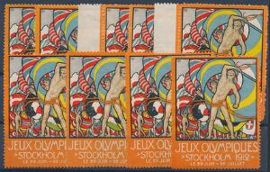 1912. Stockholm OL. 9 mærkater 2 med engelsk tekst og 7 med fransk tekst.