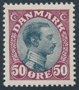 1918. Chr. X, 50 øre vinrødsort. Perfekt centreret postfriskt pragteksemplar