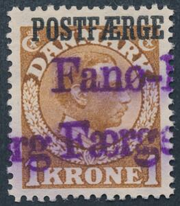 1919. Chr.X, 1 kr. gulbrun. Perfekt entreret eksemplar med violet liniestempel FANØ-ESBJERG FÆRGERI. Pragtmærke