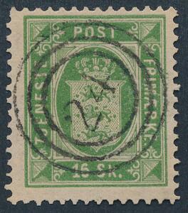 1871. 16 sk. grøn. Pragtmærke med helt rent og centralt nr.stempel 24