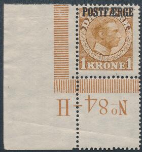 1919. Chr.X, 1 kr. gulbrun. Postfriskt mærke med nedre hjørnemarginal 84-H