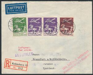 1925. Gl. luftpost, 10 øre, grøn, par 25 øre, violet og 25 øre, rød oxyderet. Anbealet Luftpostbrev sendt til Tyskland, annulleret i KØBANHVN 12.12.32.