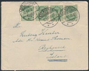 1902. 5 øre, grøn. Tk.12. Vandret 4-STRIBE på smukt lille brev, sendt til ISLAND, annulleret STENSTRUP 2.4.03.