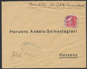 KRONDAL NØRRE SNEDE posthornstempel på brev med svinekort. Ovalt Krondal stempel fra banen. 24.5.1934