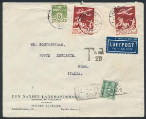 1925. Gl. luftpost, 25 øre, rød let oxyderet. 2 stk. samt 5 øre, på underfrankeret Luftpostbrev sendt til ITALIEN med strafporto. Stemplet i KØBENHAVN 14.4.34