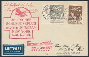 1929. Gl. luftpost 50 øre, grå og 1 kr. brun. Smukt Luftpostbrev til NEW YORK, stemplet KØBENHAVN LUFTPOST 8.6.33 samt flere stempler.