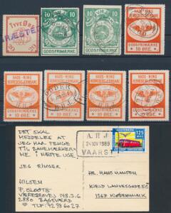 Privatbanemærker på planche og et brevkort samt kort over Danmarks jernbaner 1948.