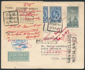 1947. Luftpostbrevkort sendt til BRITT. INDIEN, stemplet KØBENHAVN LUFTHAVN 40.4.47. Mange stempler og påtegninger samt vignet.