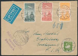 1934. Luftpost 10 øre, orange, 15 øre, rød og 20 øre, blågrøn  5 øte, grøn. Luftpostbrev sendt fra VANLØSE 6.4.36 til TJEKKOSLOVAKIET.