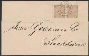 1870. 3 sk. grålilla. Parstykke venstre mærke med rundt hjørne på smukt brev til SVERIGE, annulleret KJØBENHAVN K. B. 18.12.