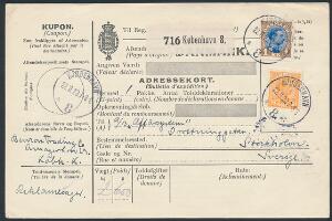 1921. Chr. X, 1 kr. brunblå og 30 øre, orange. I alt 1,30 kroners frankering på adressekort til Sverige, annulleret KJØBENHAVN 22.11.23.