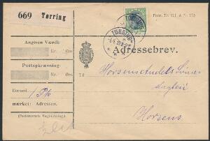 1918. Chr. X, 30 øre, grønsort. Single frankering på adressebrev fra TØRRING 6.4.19, sendt til Horsens.