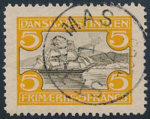 1905. St. Thomas Havn. 5 Fr. gulbrun. Perfekt centreret mærke, flot stemplet i ST. THOMAS 1.2.1908. AFA 2700