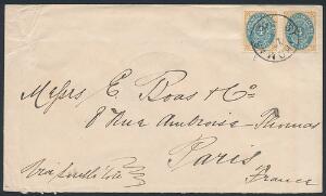 1901. 4 cents, gulbrunblå. Tk.12. Parstykke på brev til FRANKRIG, stemplet ST. THOMAS 17.6.1902. Ankomststemplet i PARIS 3-7.02 på bagsiden.