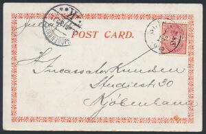 1903. Våben. 2 cent, rød. Single på RØDT SIR-KORT med rød kant, sendt til Danmark, stemplet i ST. THOMAS 1.12.1903. Smuk og dekorativ forsendelse.