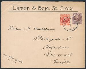 1907. Fr.VIII. 15 Bit, lillabrun og 10 Bit, rød. Smukt brev fra Larsen  Boje, St. Croix, sendt til Danmark, stemplet i CHRISTIANSTED 9.7.1913.