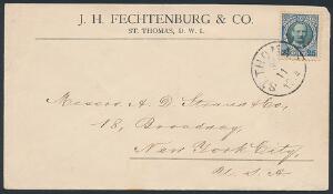 1907. Fr.VIII. 25 Bit, blå. Single på smuk firmakuvert til USA, stemplet ST. THOMAS 3.11.1914.