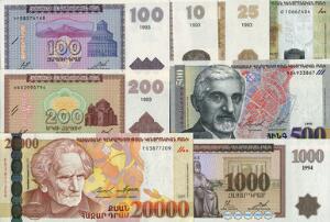 Armenien, lille lot forskellige, overvejende ucirkulerede sedler 1993 - 2003, i alt 8 stk.
