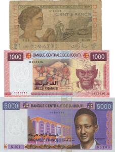 Fransk Somaliland  Djibouti, 100 Francs u. år 1946, 1000 Francs u. år 2005, 5000 Francs u. år 2002, Pick 19A, 42a, 43, i alt 3 stk.