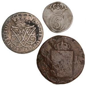 Norge, Christian V, Frederik IV og Carl XIV Johan, 3 mønter