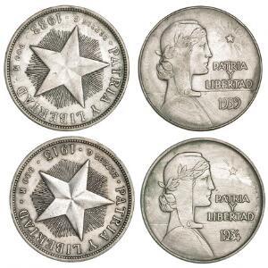 Cuba, Peso 1915, 1933, KM 15.1, 15.2, Peso 1934, 1939, KM 22, i alt 4 stk. i kval. 1